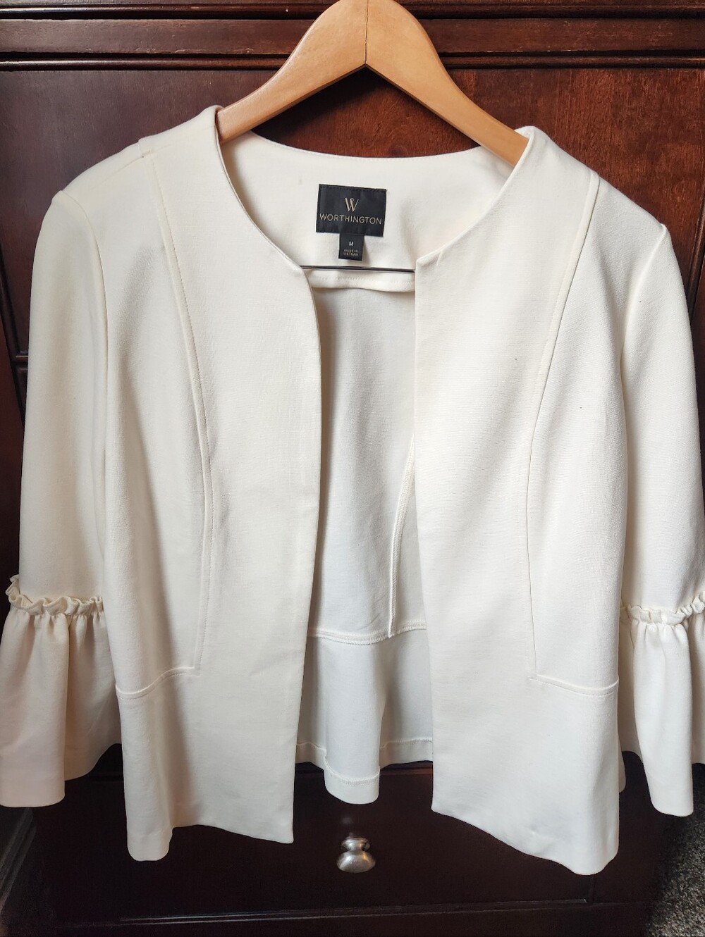 NWOT Worthington Cream 3/4 Ruffle-Sleeve Open Front Jacket Careerware Minimalist
